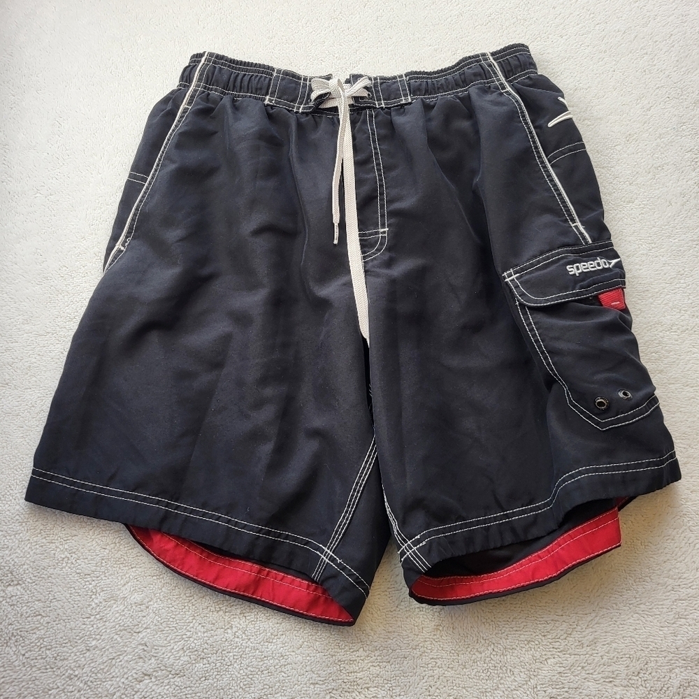 Speedo Men's Swim Trunks With Lining Black And Red Draw Cord Closure Side Pocket